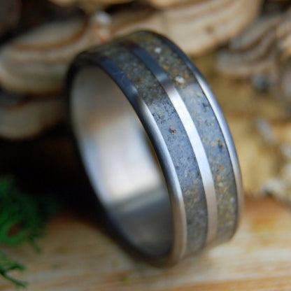 MICHIGAN TO PUERTO RICO | Men's Traverse City MI Beach Sand and Puerto Vallarta PR Sand & Titanium Wedding Ring - Minter and Richter Designs