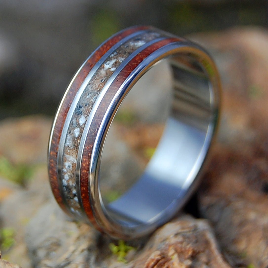 MIDWEST TO WEST | Men's Norman Oklahoma Dirt, Lake Tahoe Beach Sand, CA Redwood & Titanium Wedding Ring - Minter and Richter Designs