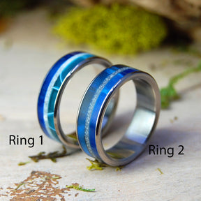 MOODY BLUE AQUAMARINE & AQUATIC | Beach Sand and Marbled Opalescent - Titanium Wedding Ring Set - Minter and Richter Designs