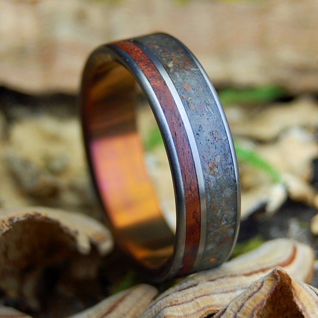 MOONSTONE CALIFORNIA REDWOOD | Men's Moonstone Beach Sand, Redwood & Titanium Wedding Ring - Minter and Richter Designs