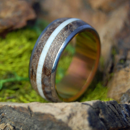 MOOSE BETWEEN TWO MAPLES AT SUNSET | Men's Antler, Dark Maple Wood & Titanium Wedding Ring - Minter and Richter Designs