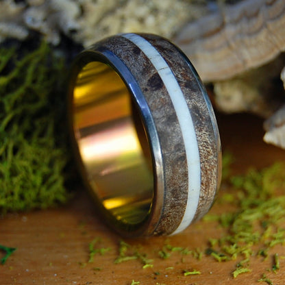 MOOSE BETWEEN TWO MAPLES AT SUNSET | Men's Antler, Dark Maple Wood & Titanium Wedding Ring - Minter and Richter Designs