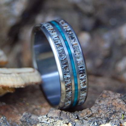 MOOSE IN GREEN LUSH | Men's Chrysocolla, Moose Antler & Titanium Wedding Ring - Minter and Richter Designs