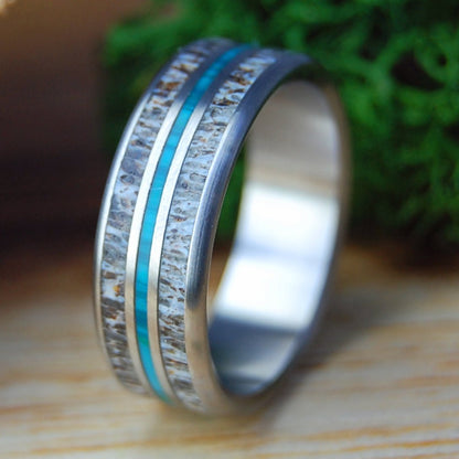 MOOSE IN GREEN LUSH | Men's Chrysocolla, Moose Antler & Titanium Wedding Ring - Minter and Richter Designs