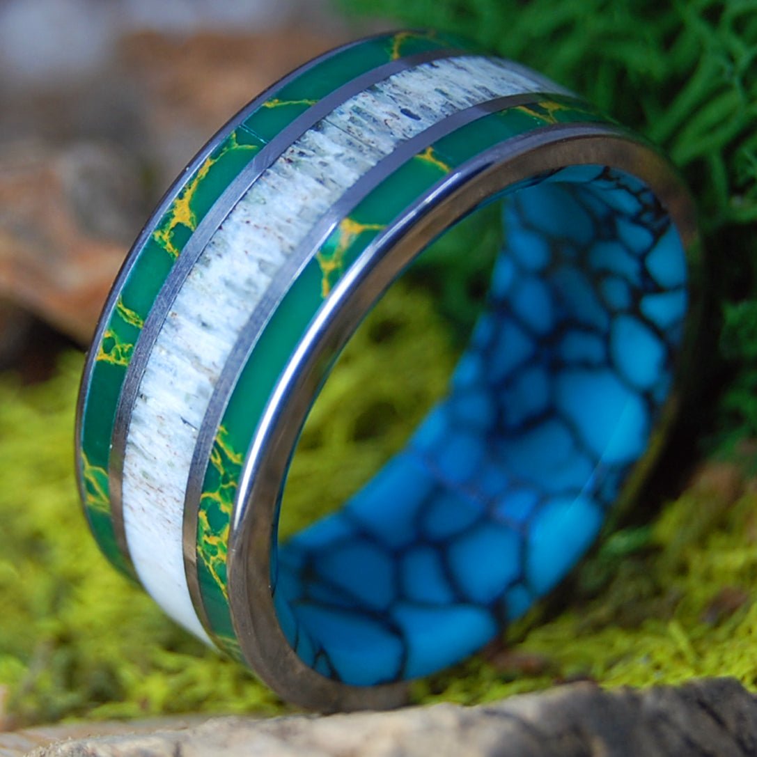 MOOSE IN MAINE GRASS | Men's Egyptian Jade, Turquoise, & Moose Antler Wedding Ring - Minter and Richter Designs