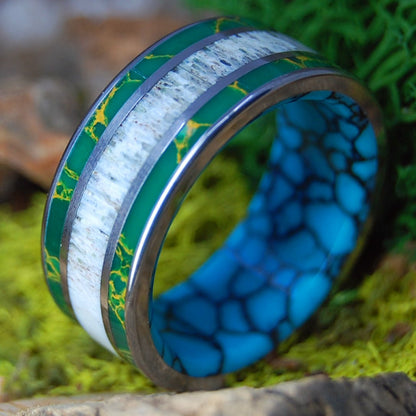 MOOSE IN MAINE GRASS | Men's Egyptian Jade, Turquoise, & Moose Antler Wedding Ring - Minter and Richter Designs