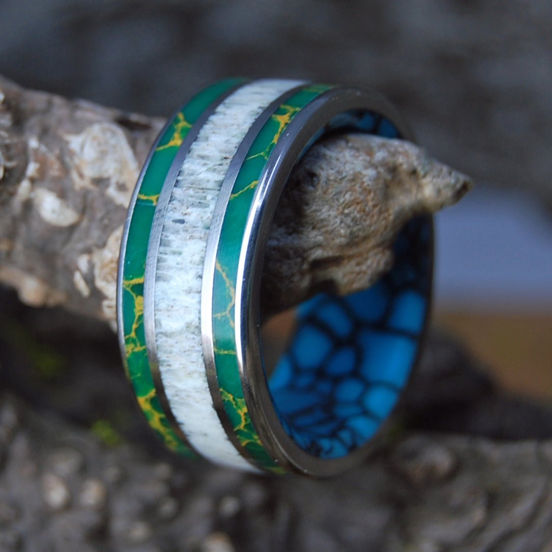 MOOSE IN MAINE GRASS | Men's Egyptian Jade, Turquoise, & Moose Antler Wedding Ring - Minter and Richter Designs