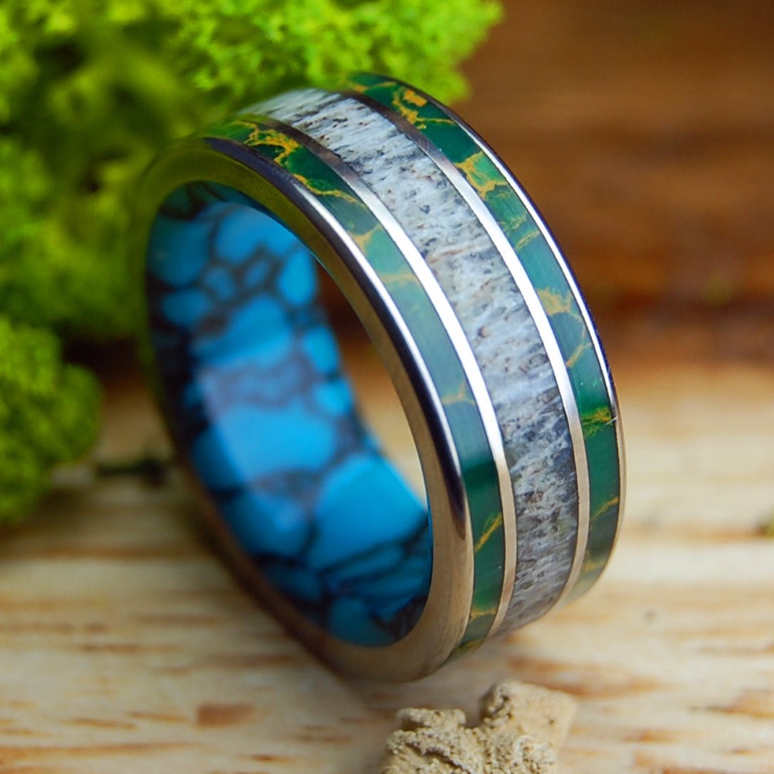 MOOSE IN MAINE GRASS | Men's Egyptian Jade, Turquoise, & Moose Antler Wedding Ring - Minter and Richter Designs