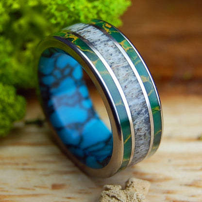 MOOSE IN MAINE GRASS | Men's Egyptian Jade, Turquoise, & Moose Antler Wedding Ring - Minter and Richter Designs