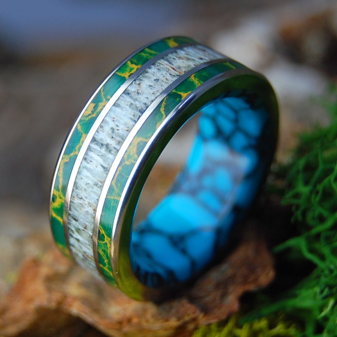 MOOSE IN MAINE GRASS | Men's Egyptian Jade, Turquoise, & Moose Antler Wedding Ring - Minter and Richter Designs