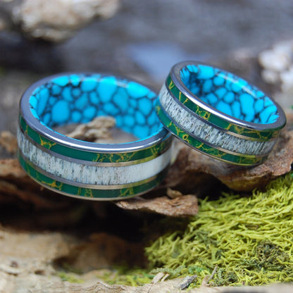 MOOSE IN MAINE GRASS SET | Moose Antler & Turquoise, Egyptian Jade - Titanium Wedding Rings Set - Minter and Richter Designs