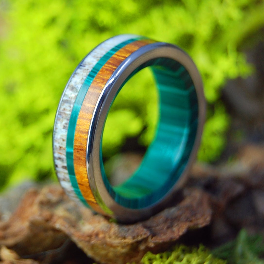 Moose in the Midst | Men's Ironwood, Malachite, Moose Antler & Titanium Wedding Ring - Minter and Richter Designs