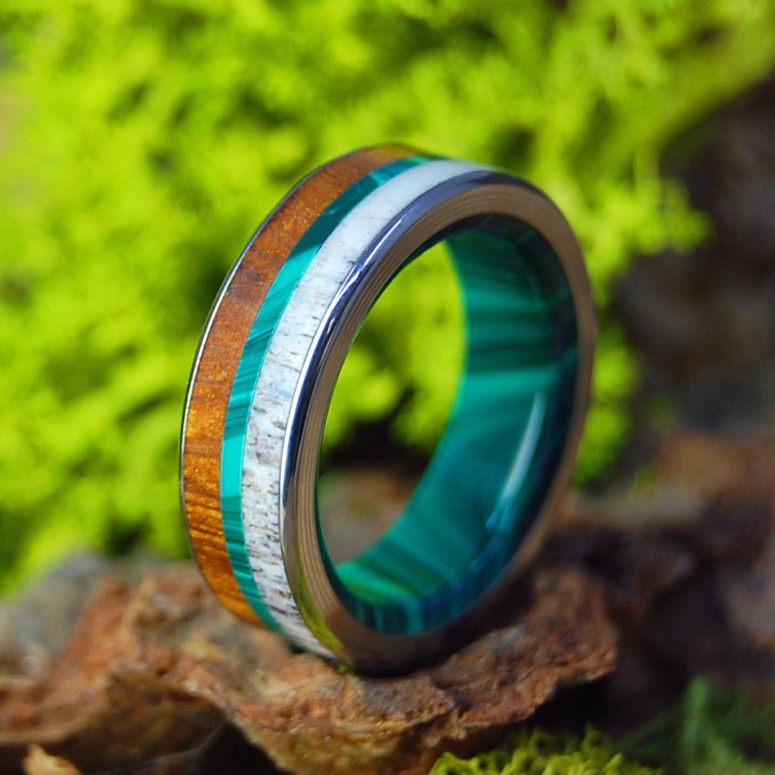 Moose in the Midst | Men's Ironwood, Malachite, Moose Antler & Titanium Wedding Ring - Minter and Richter Designs