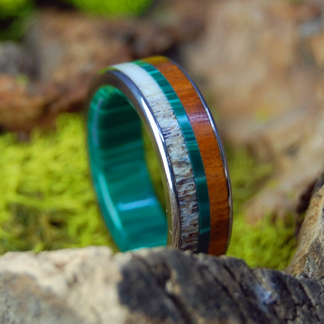 Moose in the Midst | Men's Ironwood, Malachite, Moose Antler & Titanium Wedding Ring - Minter and Richter Designs