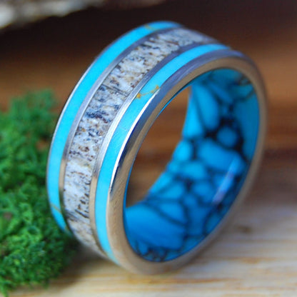 MOOSE OFF MAINE | Size 8.75 At 9.5mm | Moose Antler & Tibetan Turquoise | Unique Wedding Band | On Sale - Minter and Richter Designs