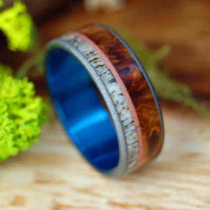MOOSE ON COPPER HILL | Men's Moose Antler, Dark Maple, Titanium & Copper Wedding Ring - Minter and Richter Designs
