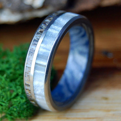 MOOSE THROUGH FOG | Size 10.25 At 7mm | Moose Antler & Gray Marbled Opalescent Resin | Unique Wedding Band | On Sale - Minter and Richter Designs