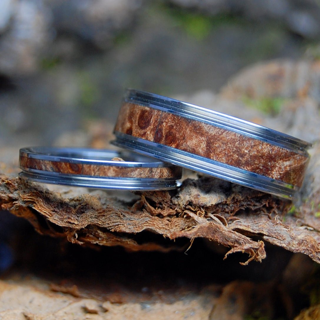 NAKED MIRACLES HAPPEN SET | Dark Maple Wood & Titanium - Unique Wedding Rings - Minter and Richter Designs