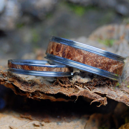 NAKED MIRACLES HAPPEN SET | Dark Maple Wood & Titanium - Unique Wedding Rings - Minter and Richter Designs