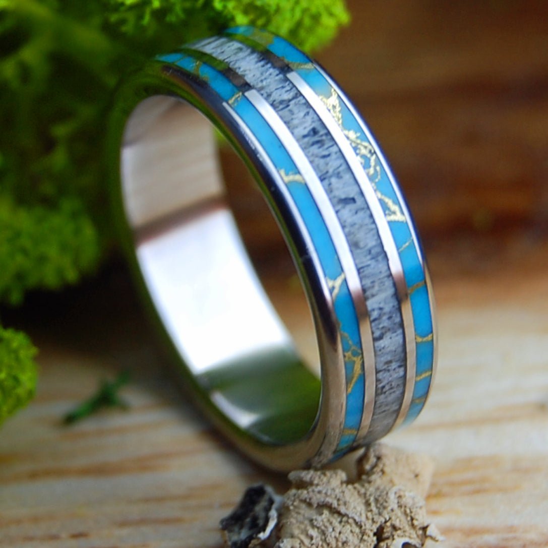 NAKED MOOSE OFF MAINE | Turquoise, Moose Antler & Titanium Wedding Ring - Minter and Richter Designs