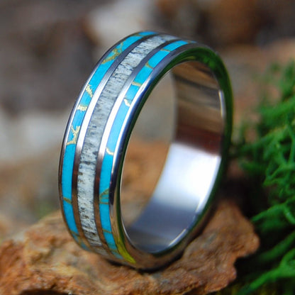 NAKED MOOSE OFF MAINE | Turquoise, Moose Antler & Titanium Wedding Ring - Minter and Richter Designs