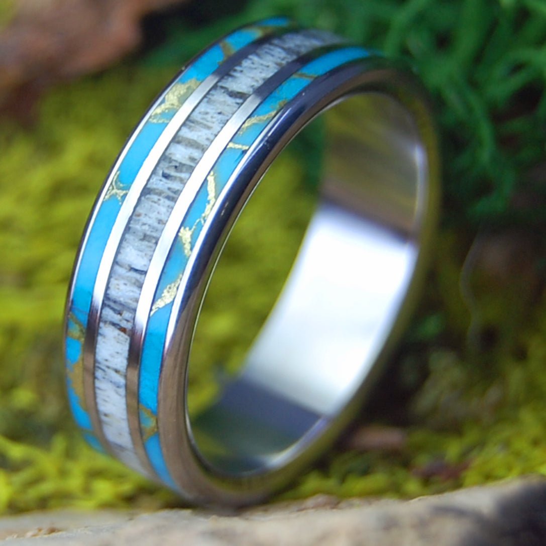 NAKED MOOSE OFF MAINE | Turquoise, Moose Antler & Titanium Wedding Ring - Minter and Richter Designs