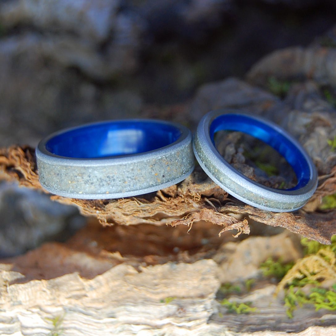 NARRAWALLEE BLUE RING SET | Blue Marbled, Beach Sand & Titanium Wedding Rings - Minter and Richter Designs