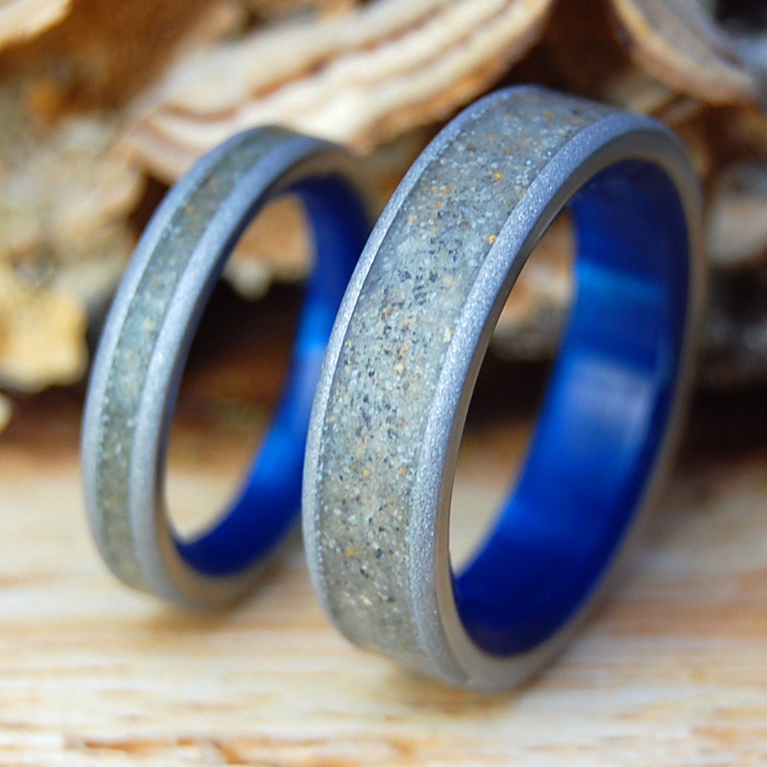 NARRAWALLEE BLUE RING SET | Blue Marbled, Beach Sand & Titanium Wedding Rings - Minter and Richter Designs