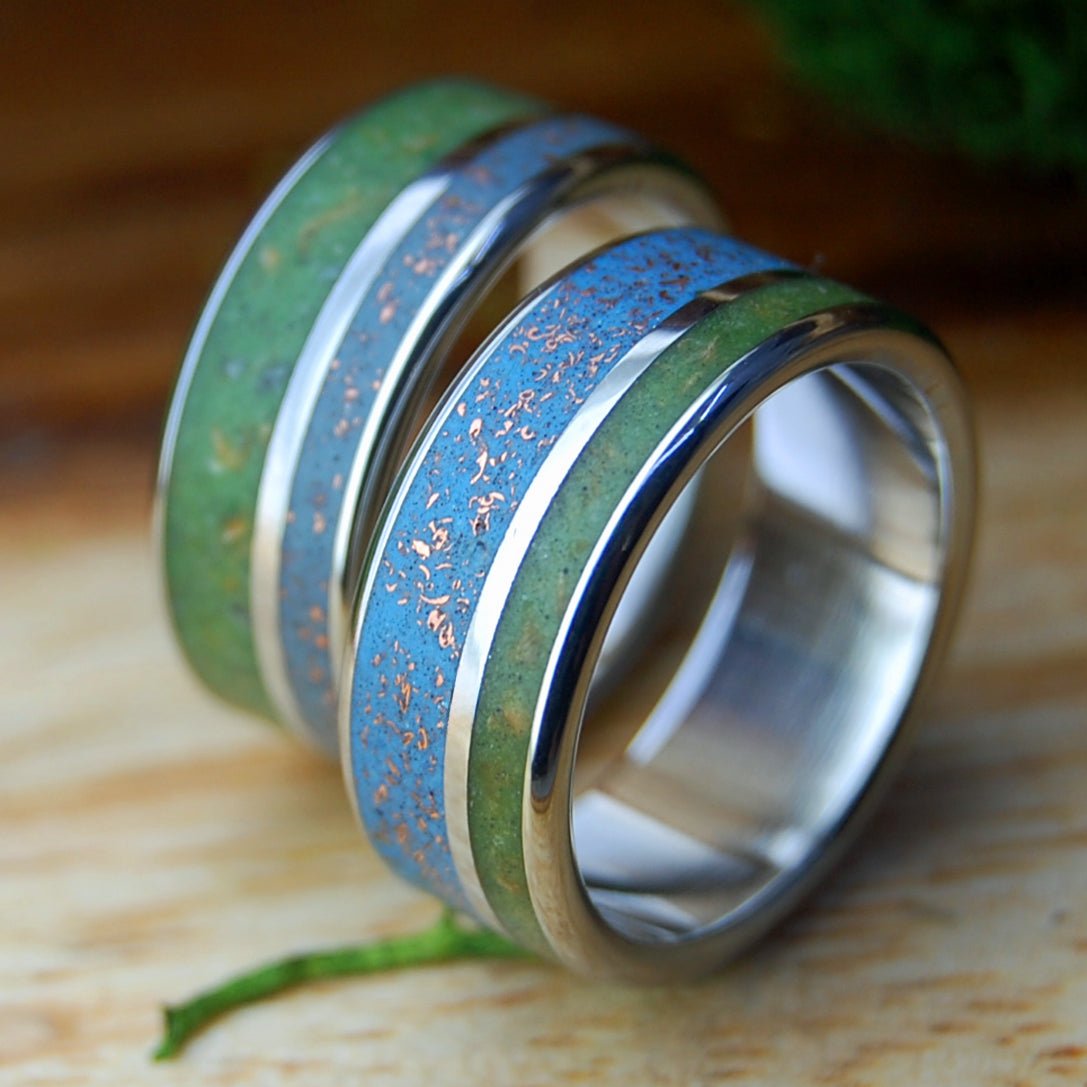 NATIVE TO MANY WORLDS SET | Men's Inox Connemara Marble, Native Michigan Copper & Titanium Wedding Rings - Minter and Richter Designs