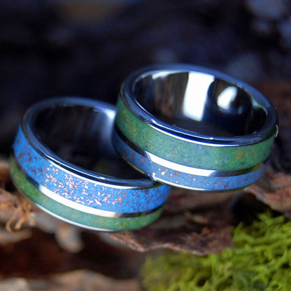 NATIVE TO MANY WORLDS SET | Men's Inox Connemara Marble, Native Michigan Copper & Titanium Wedding Rings - Minter and Richter Designs