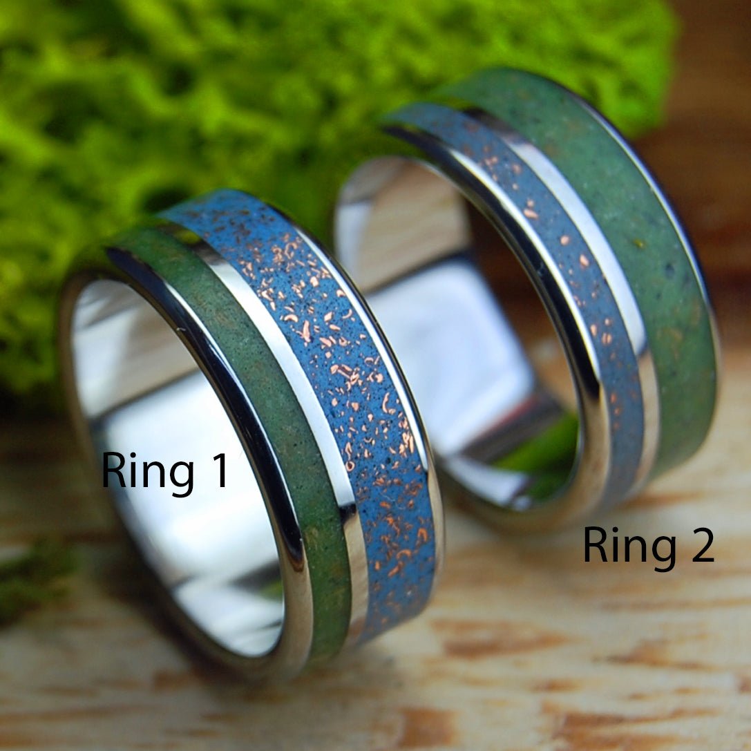 NATIVE TO MANY WORLDS SET | Men's Inox Connemara Marble, Native Michigan Copper & Titanium Wedding Rings - Minter and Richter Designs