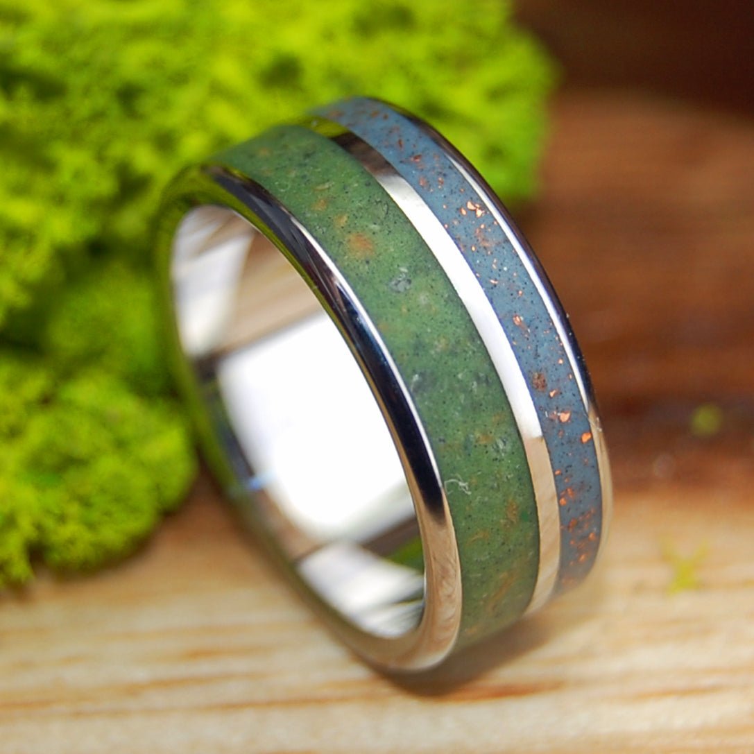 NATIVE TO MANY WORLDS WIDE GREEN | Men's Inox Connemara Marble, Native Michigan Copper & Titanium Wedding Ring - Minter and Richter Designs
