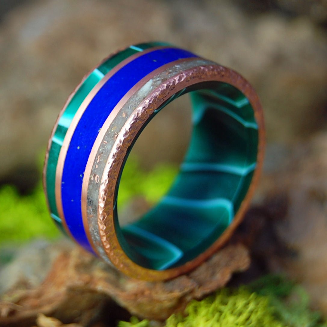 Never Alone | Men's Beaten Copper, Lapis, Beach Sand, Gold & Titanium Wedding Ring - Minter and Richter Designs