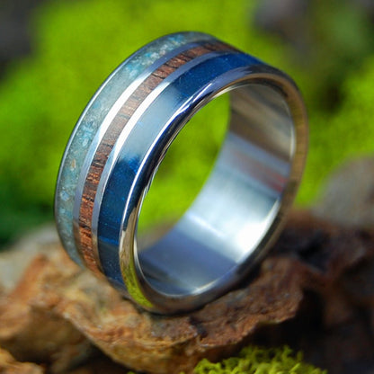 Newcomb Hollow Cape Cod | Men's Beach Sand, Koa Wood, Blue Marlbed Opalescent & Titanium Wedding Ring - Minter and Richter Designs