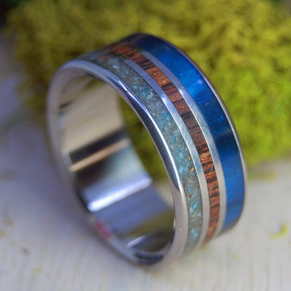 Newcomb Hollow Cape Cod | Men's Beach Sand, Koa Wood, Blue Marlbed Opalescent & Titanium Wedding Ring - Minter and Richter Designs
