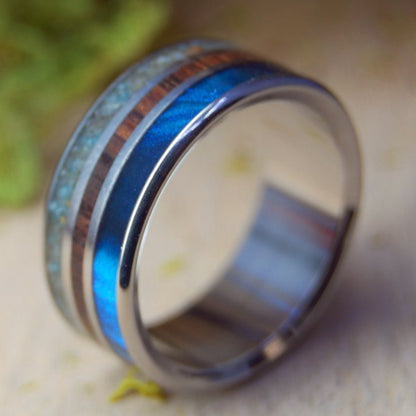 Newcomb Hollow Cape Cod | Men's Beach Sand, Koa Wood, Blue Marlbed Opalescent & Titanium Wedding Ring - Minter and Richter Designs