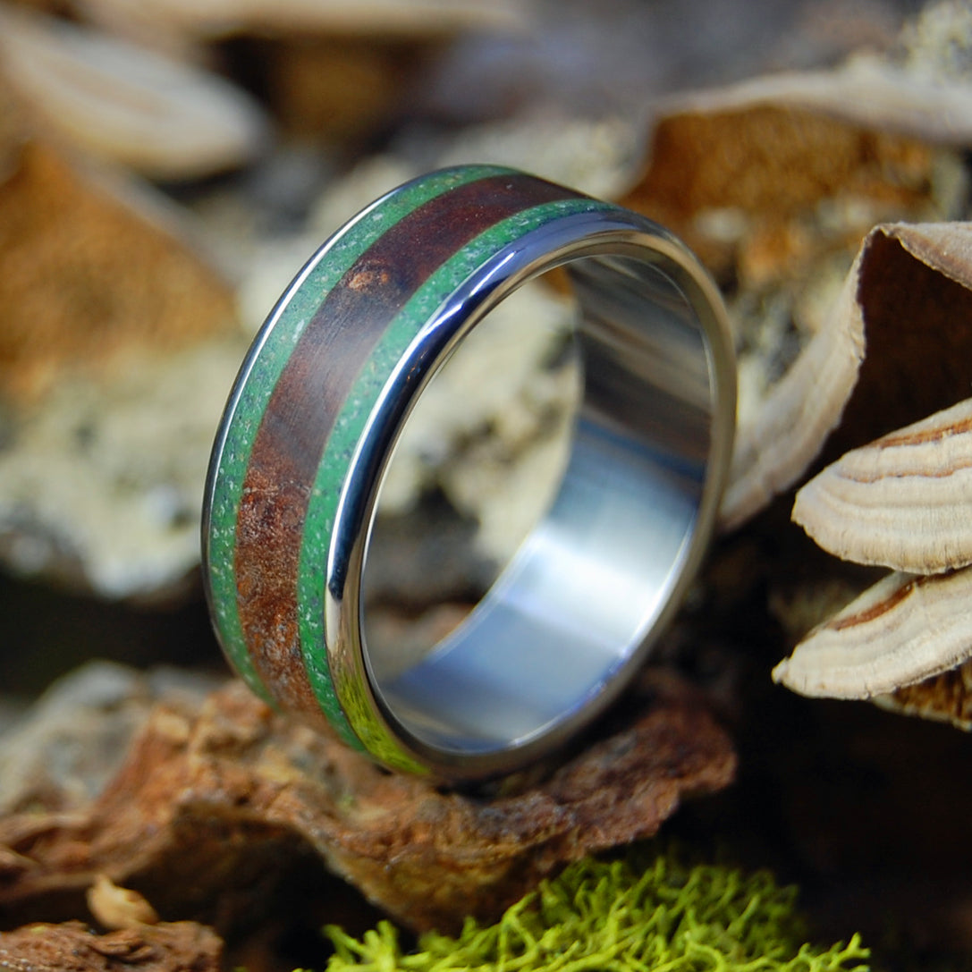 NEW ENGLAND ECHO | Beach Sand and Red Oak Titanium Wedding Rings - Minter and Richter Designs