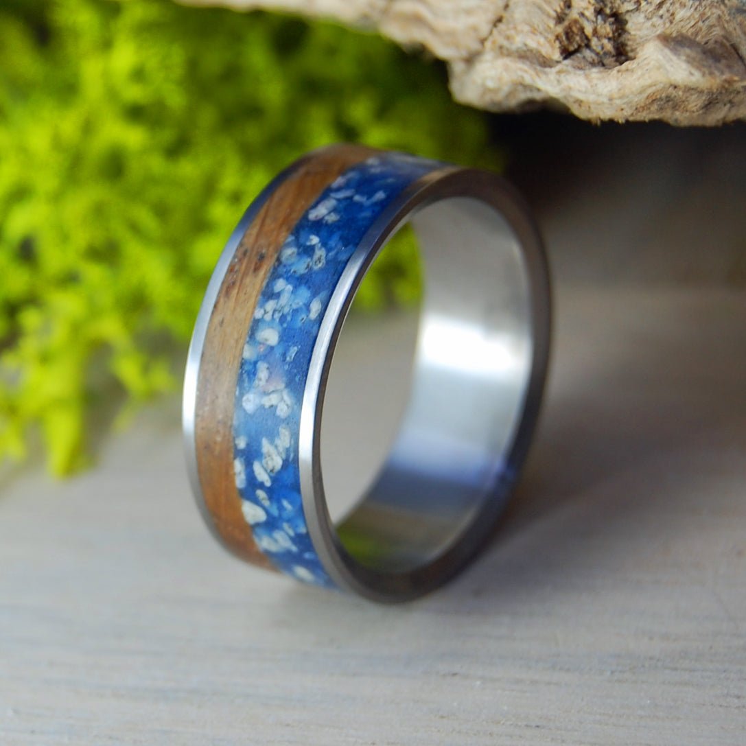 OKINAWA WHISKEY | Whiskey Barrel Wood And Okinawa Japan Beach Sand Ring - Titanium Wedding Ring - Minter and Richter Designs