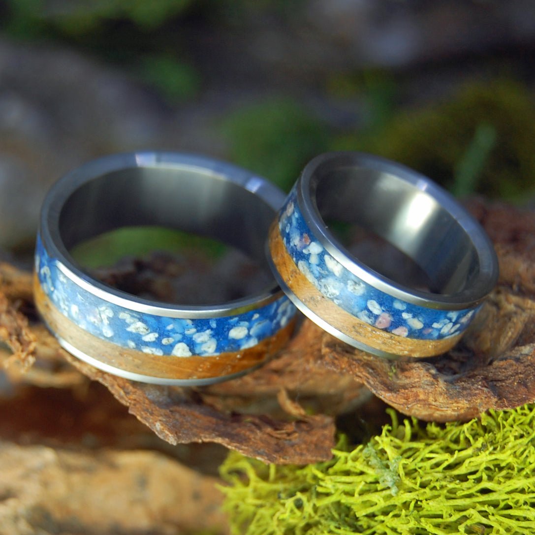 Okinawa Whiskey | Whiskey Barrel Wood And Okinawa Japan Beach Sand - Titanium Wedding Ring Set - Minter and Richter Designs