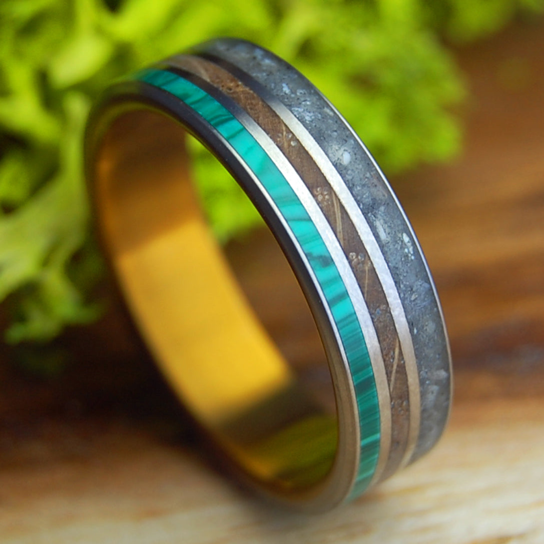 OLD FLORIDA VIBE | Men's Whiskey Barrel, Beach Sand, Malachite & Titanium Wedding Ring