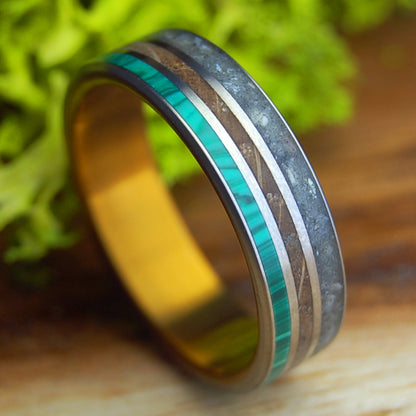 OLD FLORIDA VIBE | Men's Whiskey Barrel, Beach Sand, Malachite & Titanium Wedding Ring
