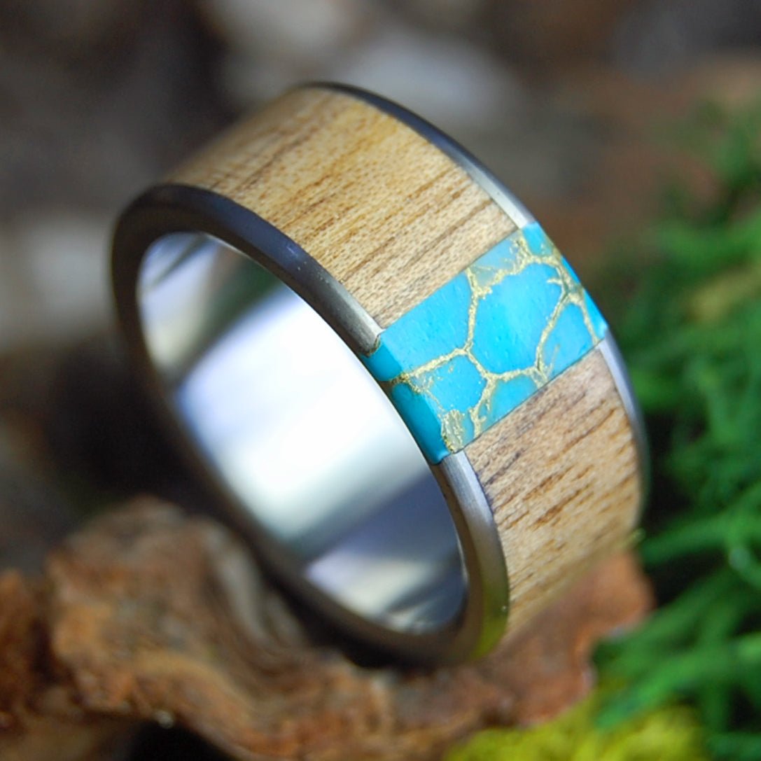 OREGON MYRTLE GOLD | Tibetan Turquoise Stone, Oregon Myrtle Wood & Titanium Wedding Ring - Minter and Richter Designs