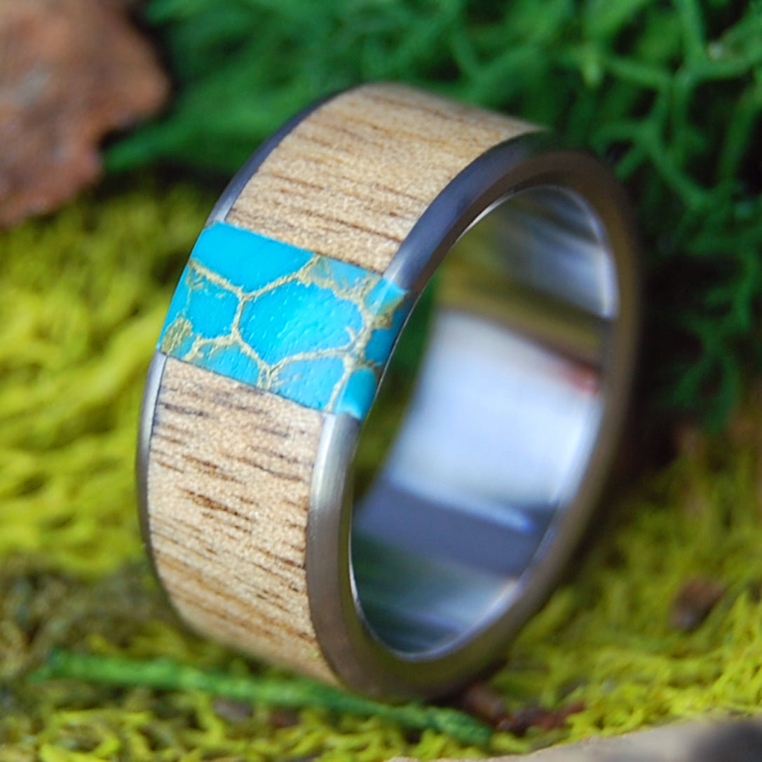 OREGON MYRTLE GOLD | Tibetan Turquoise Stone, Oregon Myrtle Wood & Titanium Wedding Ring - Minter and Richter Designs