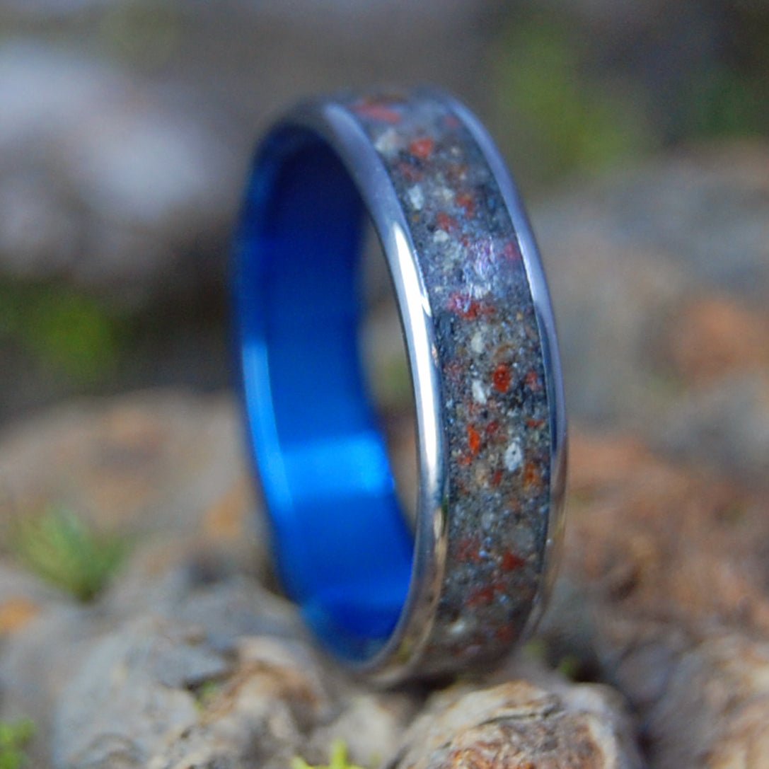 OREGON TO BANFF | Banff, CA Rocks, Red Oregon Lava & Astoria Oregon Sand & Titanium Wedding Ring - Minter and Richter Designs