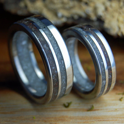 OUR WHOLE LIVES I & II | 2 ring set - Beryl NH Stones, Lake Superior Stones, Quartz & Titanium Wedding Rings - Minter and Richter Designs