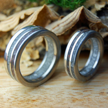 OUR WHOLE LIVES I & II | 2 ring set - Beryl NH Stones, Lake Superior Stones, Quartz & Titanium Wedding Rings - Minter and Richter Designs