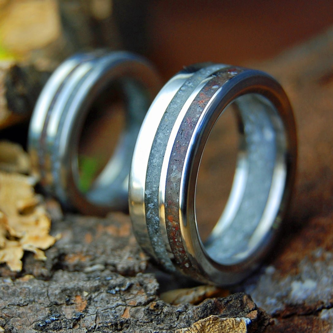 OUR WHOLE LIVES I & II | 2 ring set - Beryl NH Stones, Lake Superior Stones, Quartz & Titanium Wedding Rings - Minter and Richter Designs