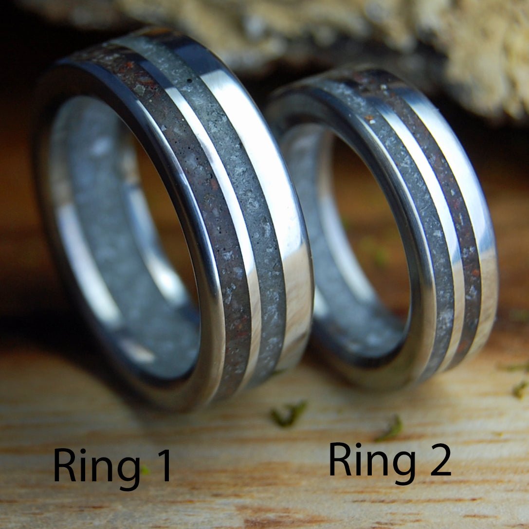 OUR WHOLE LIVES I & II | 2 ring set - Beryl NH Stones, Lake Superior Stones, Quartz & Titanium Wedding Rings - Minter and Richter Designs