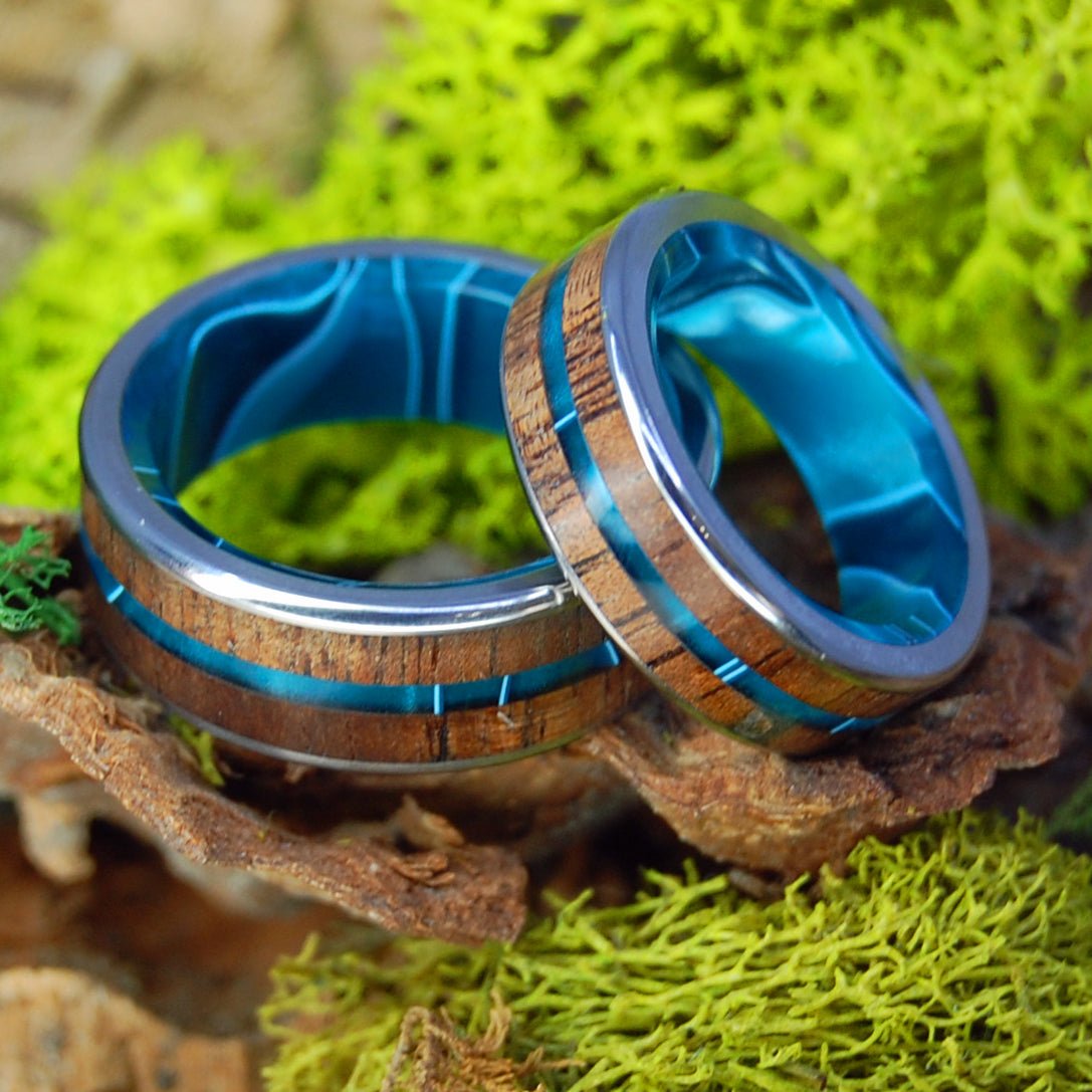 OUTRIGGER | Aquatic Blue Resin & Koa Wood - His & Hers Wedding Band Set - Wooden Wedding Rings - Minter and Richter Designs