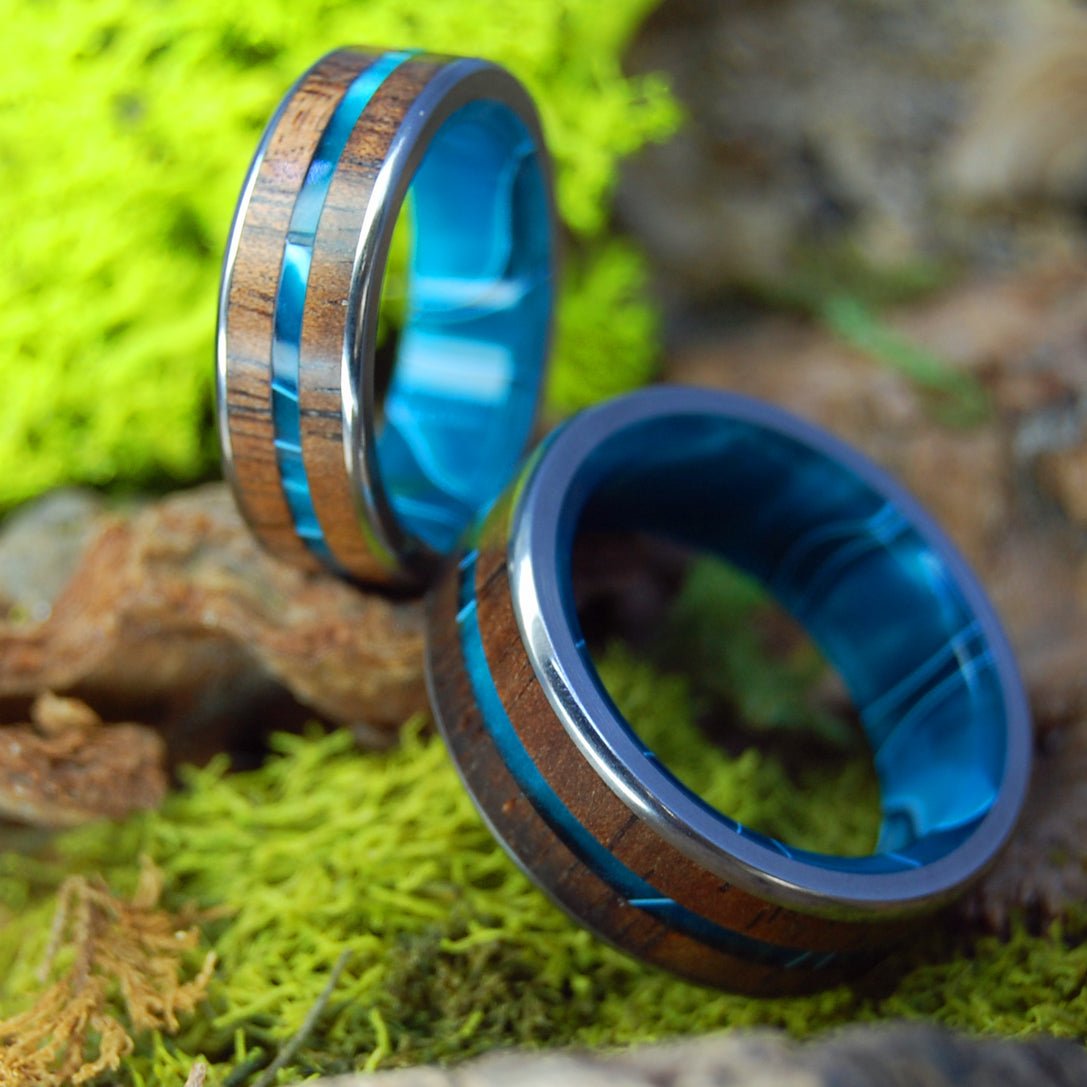OUTRIGGER | Aquatic Blue Resin & Koa Wood - His & Hers Wedding Band Set - Wooden Wedding Rings - Minter and Richter Designs